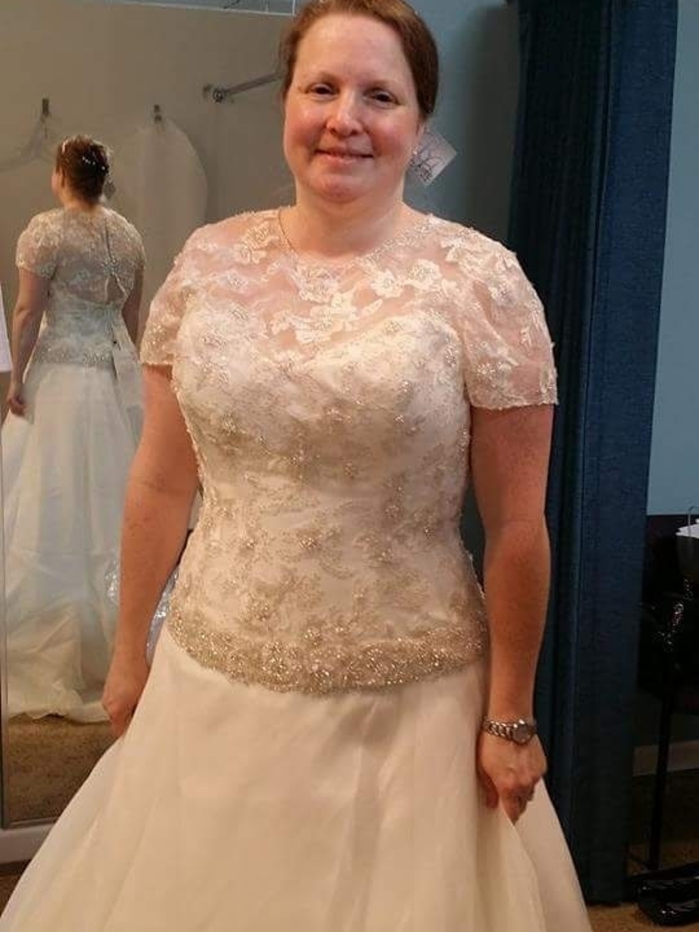 Short Sleeve Lace Bridal Gown in Blush with Beaded Waist